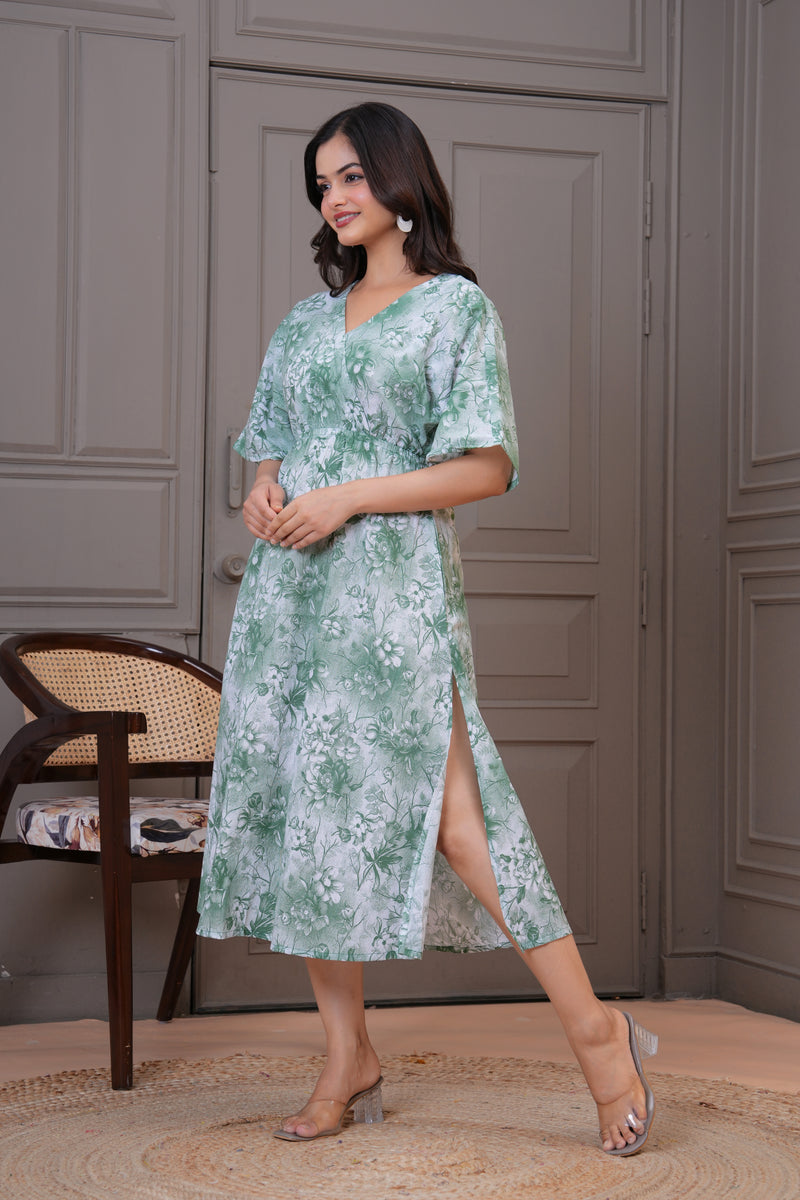 Casual green floral rayon dress lady
