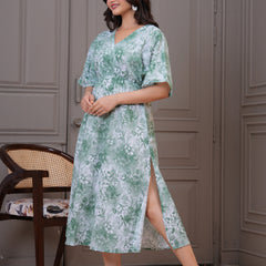 Casual green floral rayon dress lady
