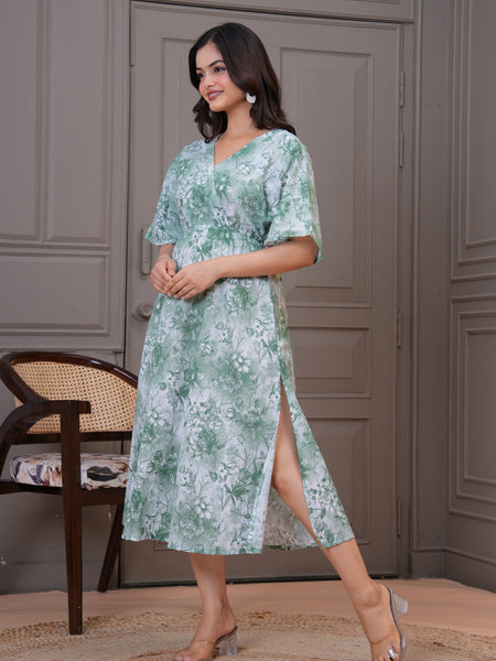 Casual green floral rayon dress lady

