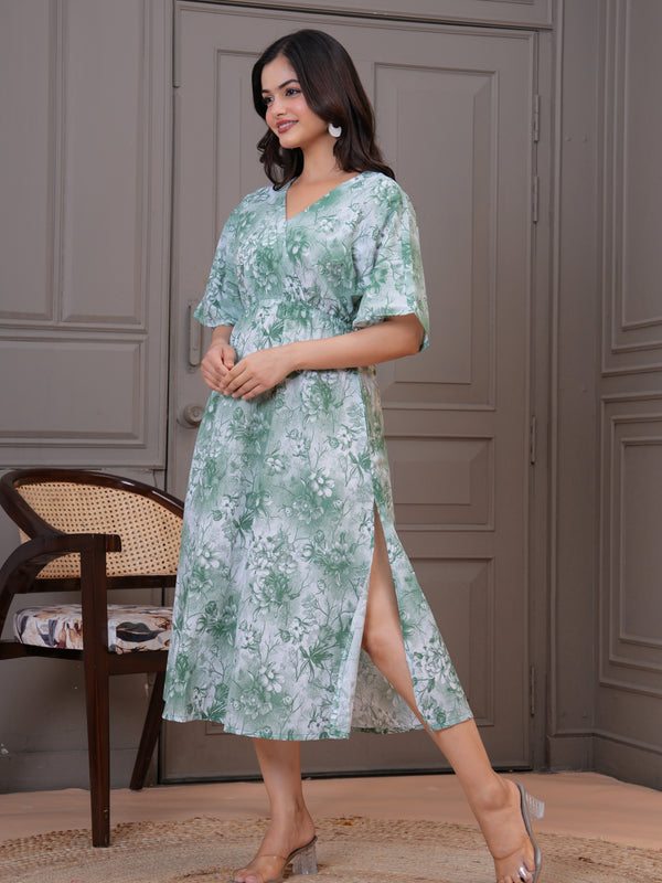 Casual green floral rayon dress lady
