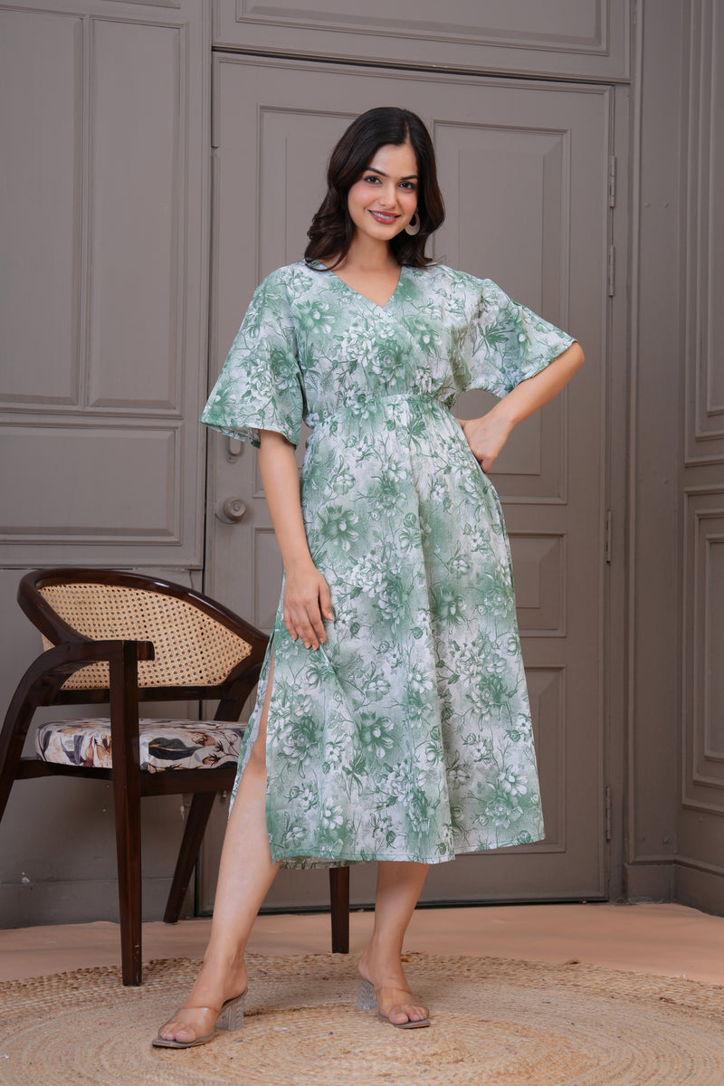 Elegant green floral dress daily wear