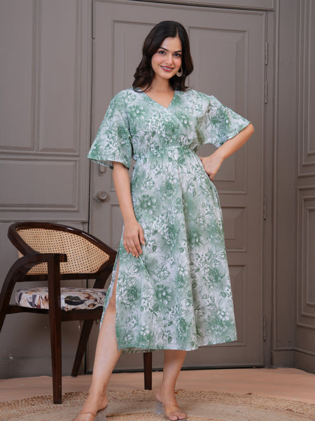 Elegant green floral dress daily wear
