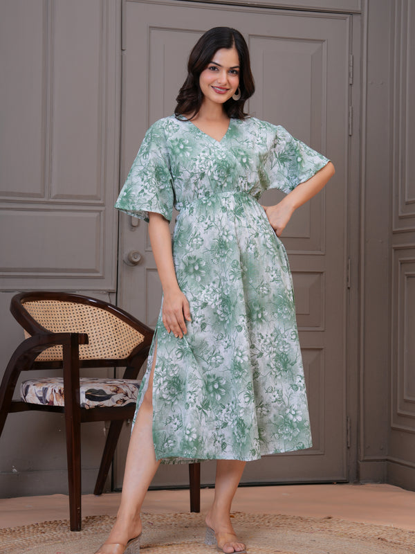 Elegant green floral dress daily wear