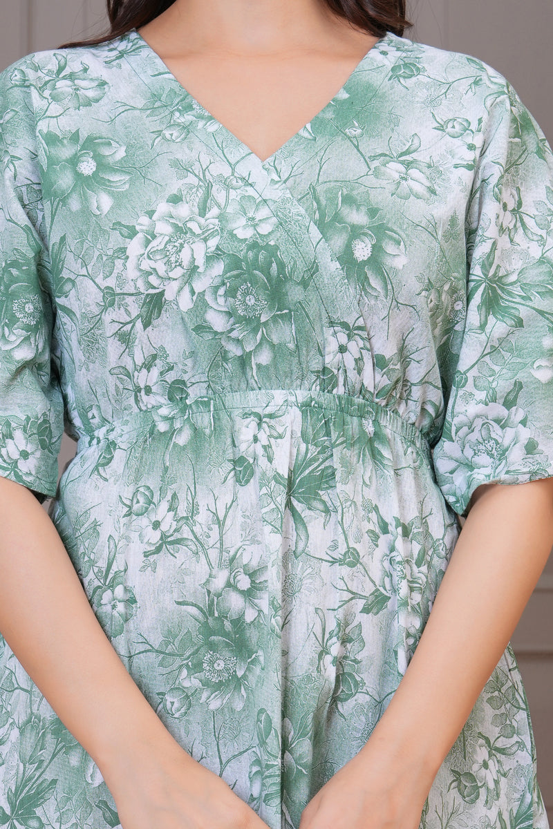 Green calf length floral rayon dress lady
