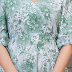Green calf length floral rayon dress lady
