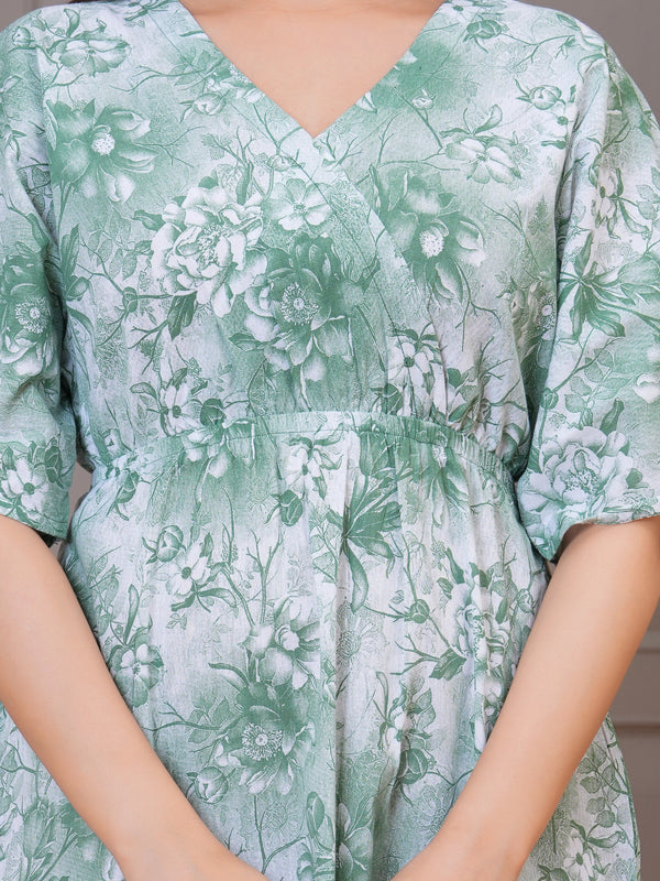 Green calf length floral rayon dress lady

