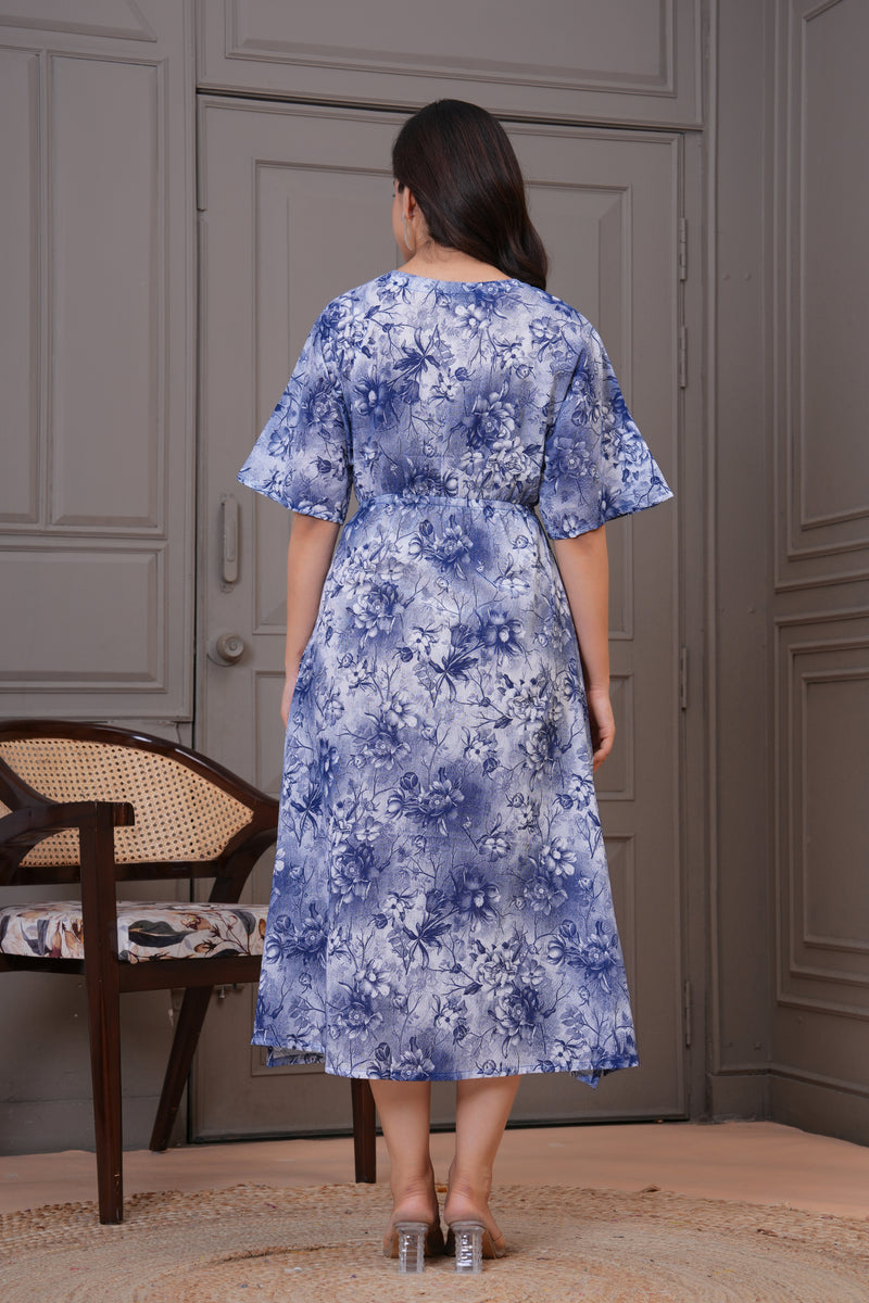 Blue floral rayon fit and flare dress woman
