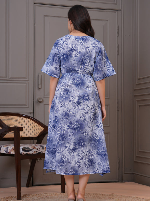 Blue floral rayon fit and flare dress woman

