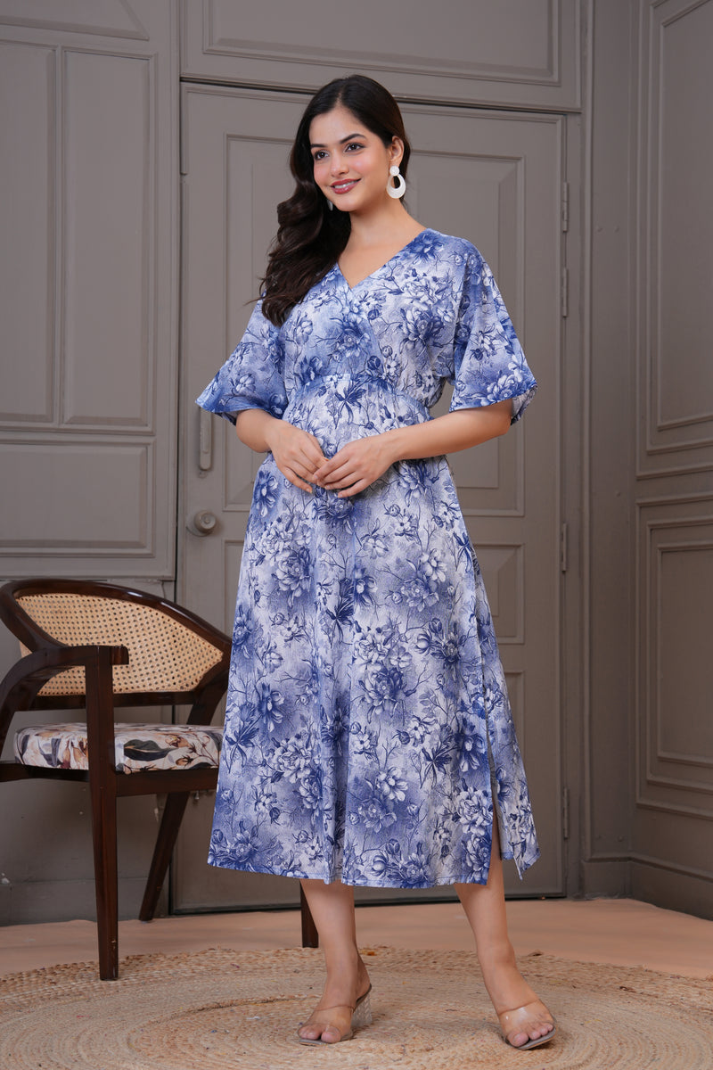 Elegant blue floral dress woman daily wear