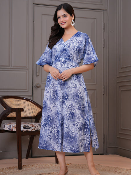 Elegant blue floral dress woman daily wear