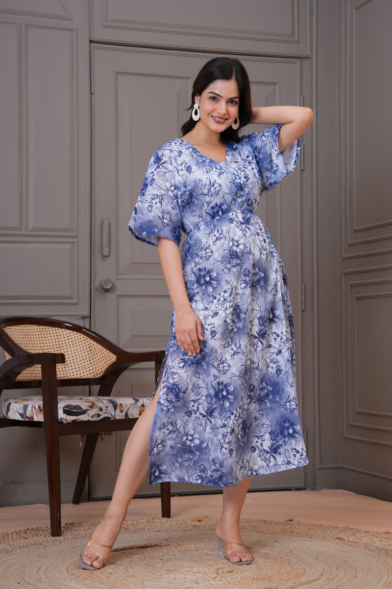 Casual blue floral rayon dress woman
