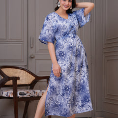 Casual blue floral rayon dress woman
