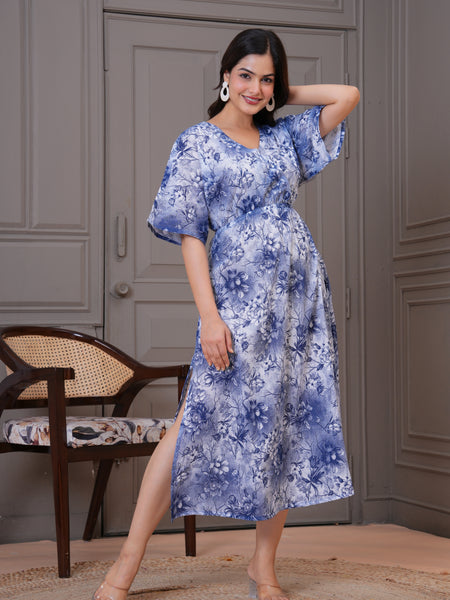 Casual blue floral rayon dress woman
