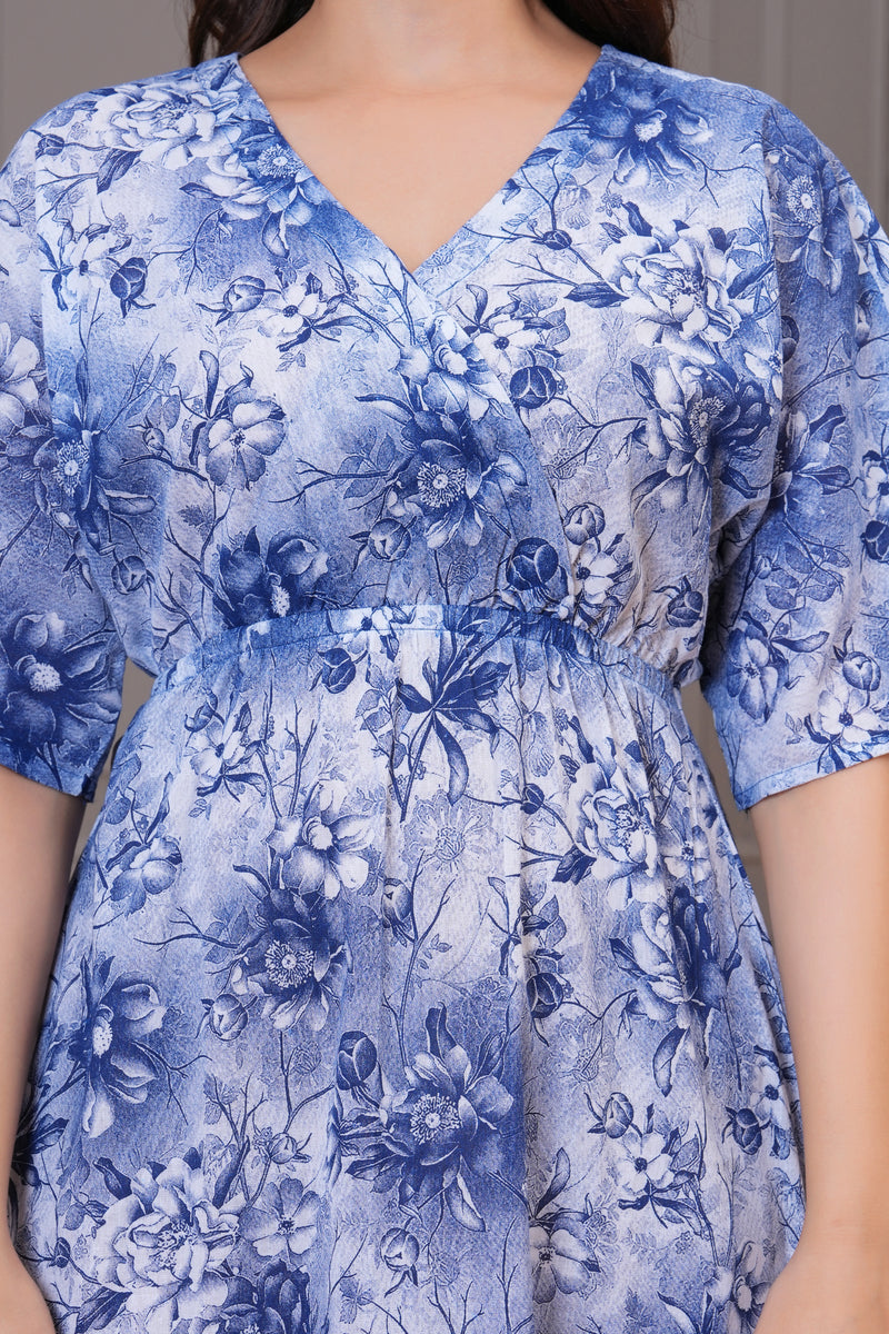Blue calf length floral rayon dress woman
