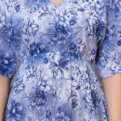 Blue calf length floral rayon dress woman
