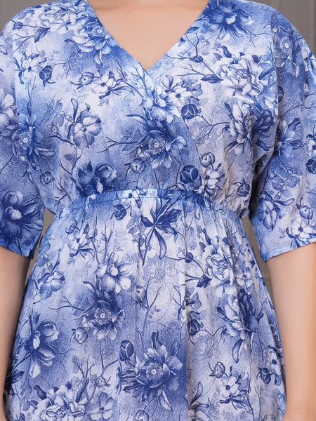 Blue calf length floral rayon dress woman
