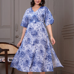 Woman blue floral V neck dress front view
