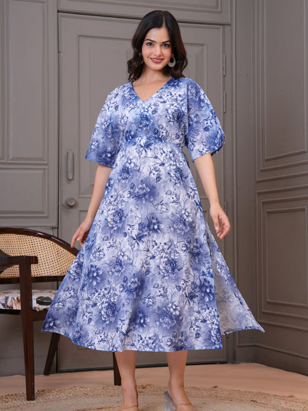 Woman blue floral V neck dress front view
