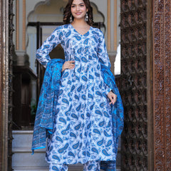 Blue Cotton Anarkali Kurta Set – Classic & Comfortable Ethnic Wear