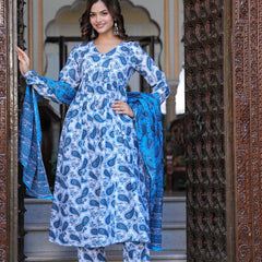 Blue Cotton Anarkali Kurta Set – Classic & Comfortable Ethnic Wear