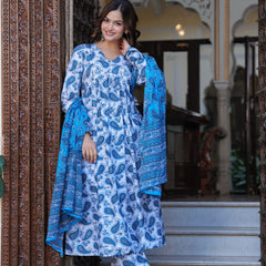 Blue Cotton Anarkali Kurta Set – Classic & Comfortable Ethnic Wear