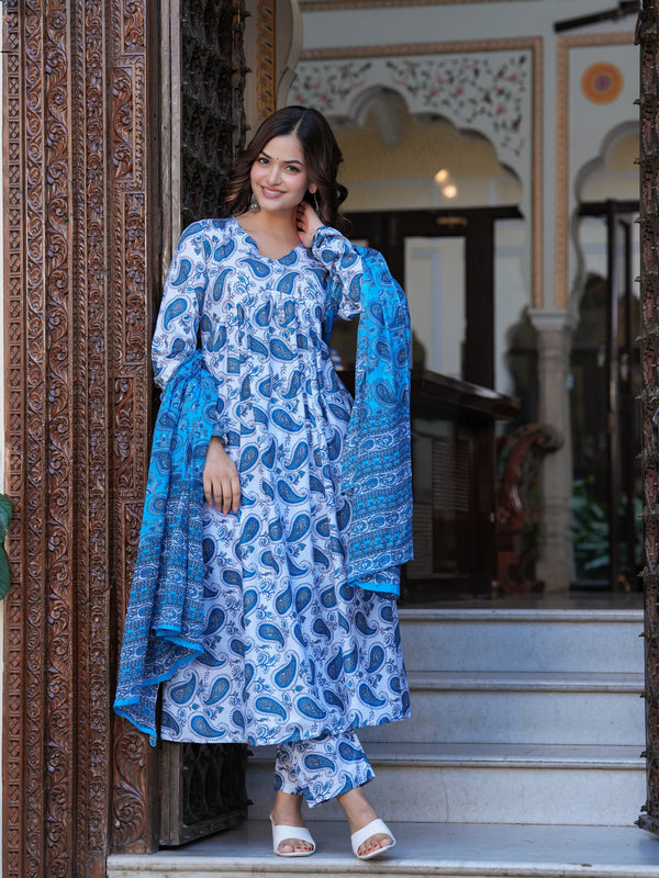 Blue Cotton Anarkali Kurta Set – Classic & Comfortable Ethnic Wear