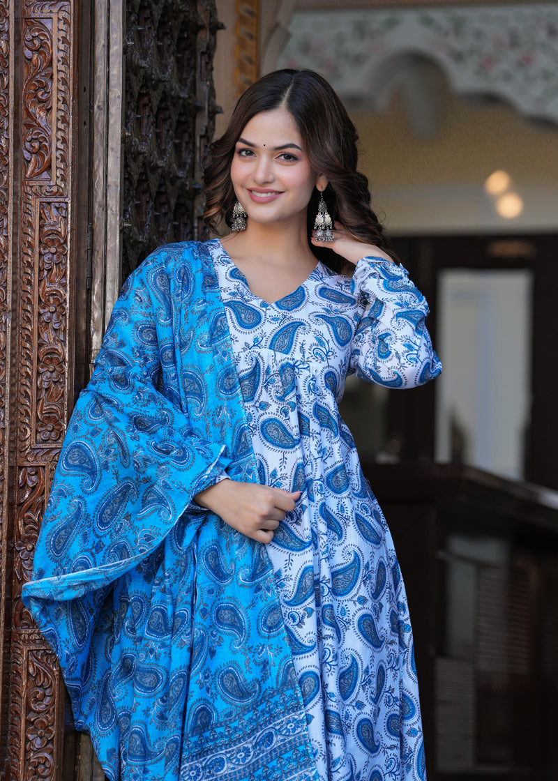 Blue Cotton Anarkali Kurta Set – Classic & Comfortable Ethnic Wear