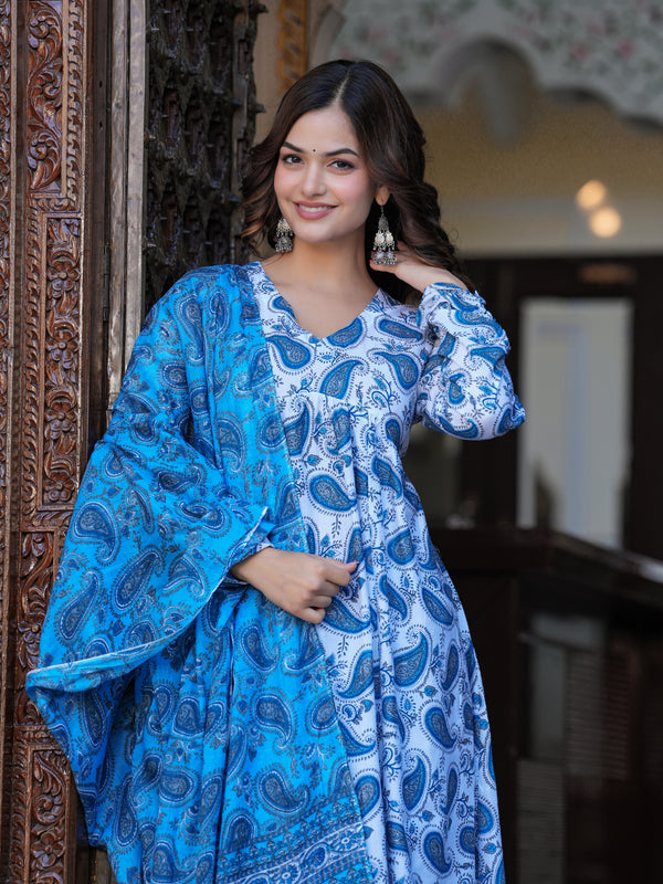Blue Cotton Anarkali Kurta Set – Classic & Comfortable Ethnic Wear