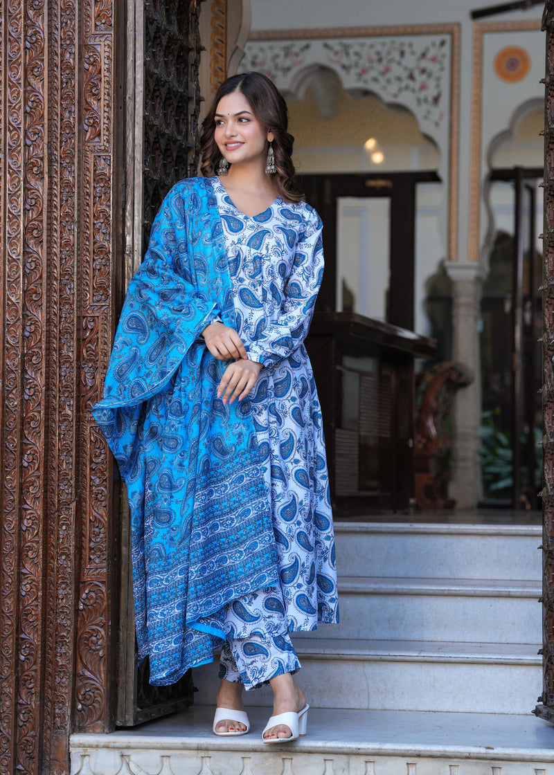 Blue Cotton Anarkali Kurta Set – Classic & Comfortable Ethnic Wear