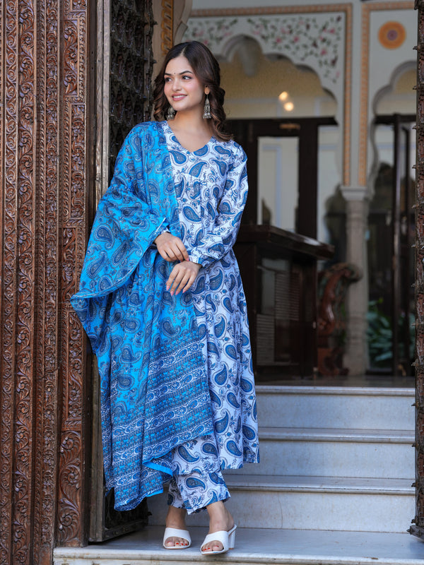 Blue Cotton Anarkali Kurta Set – Classic & Comfortable Ethnic Wear