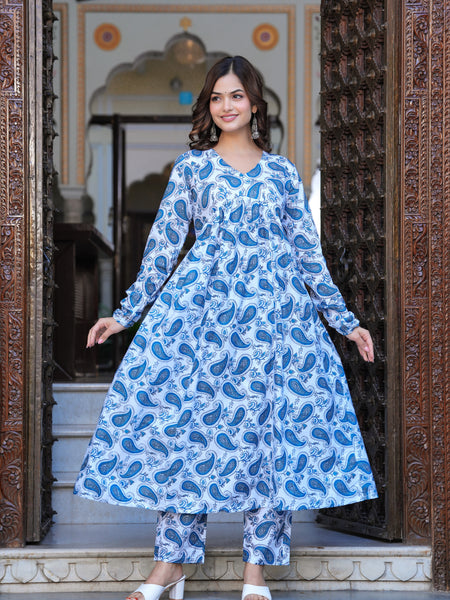 Blue Cotton Anarkali Kurta Set – Classic & Comfortable Ethnic Wear