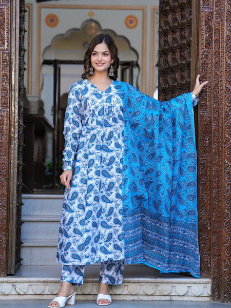 Blue Cotton Anarkali Kurta Set – Classic & Comfortable Ethnic Wear