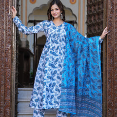 Blue Cotton Anarkali Kurta Set – Classic & Comfortable Ethnic Wear