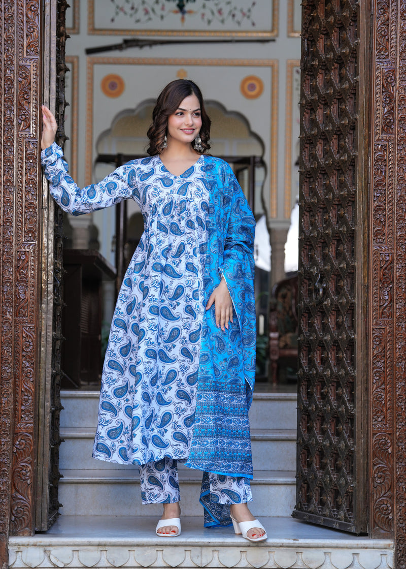 Blue Cotton Anarkali Kurta Set – Classic & Comfortable Ethnic Wear