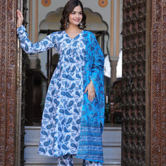 Blue Cotton Anarkali Kurta Set – Classic & Comfortable Ethnic Wear