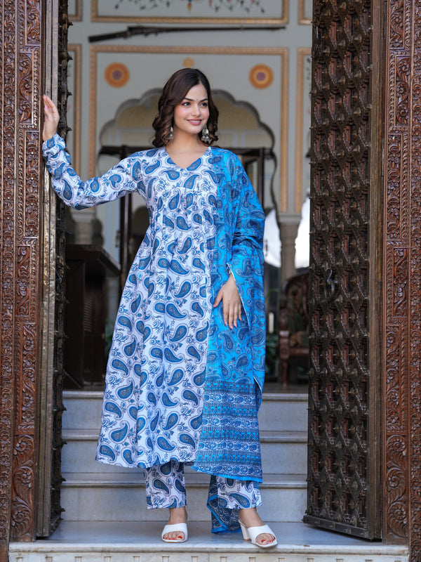 Blue Cotton Anarkali Kurta Set – Classic & Comfortable Ethnic Wear