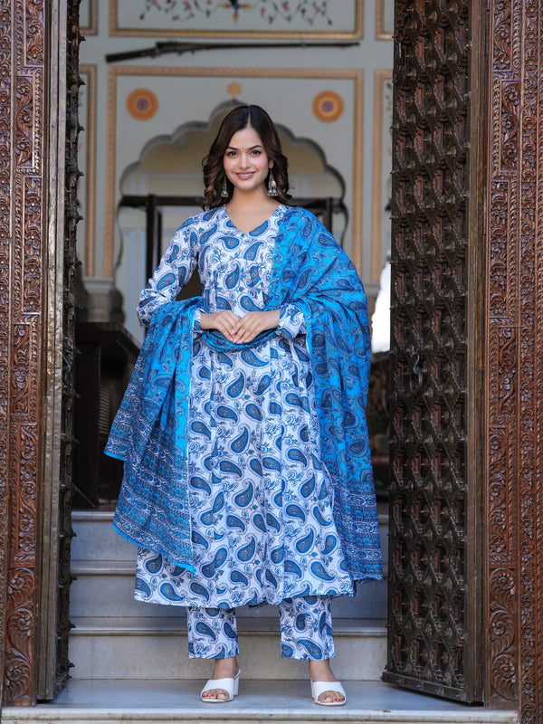 Blue Cotton Anarkali Kurta Set – Classic & Comfortable Ethnic Wear