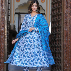 Blue Cotton Anarkali Kurta Set – Classic & Comfortable Ethnic Wear
