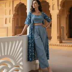 Women Blue Printed Co-ord with Palazzo & Shrug Set 