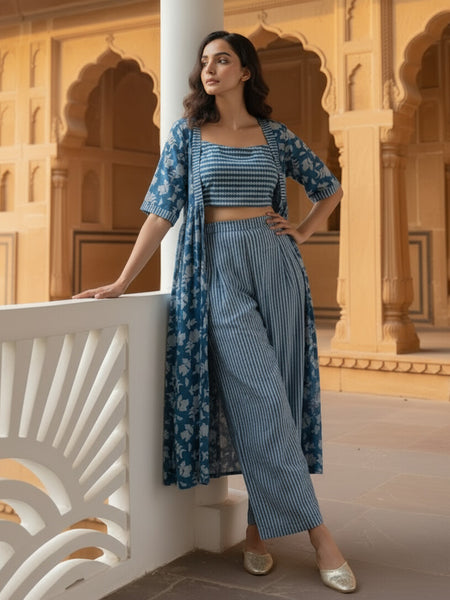 Women Blue Printed Co-ord with Palazzo & Shrug Set 