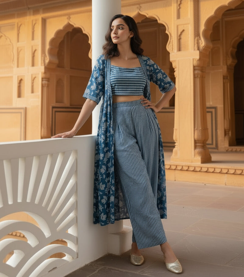 Women Blue Printed Co-ord with Palazzo & Shrug Set 