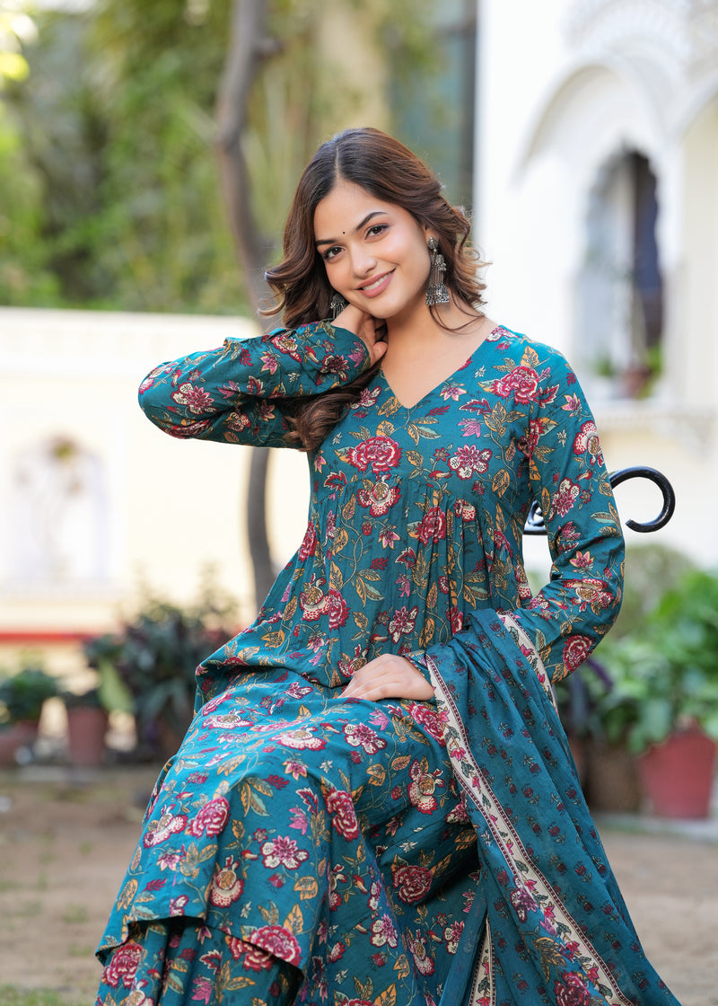 Stylish Blue Cotton Anarkali Kurta Set for Office and Casual Wear