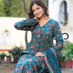 Stylish Blue Cotton Anarkali Kurta Set for Office and Casual Wear