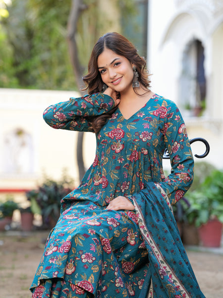 Stylish Blue Cotton Anarkali Kurta Set for Office and Casual Wear