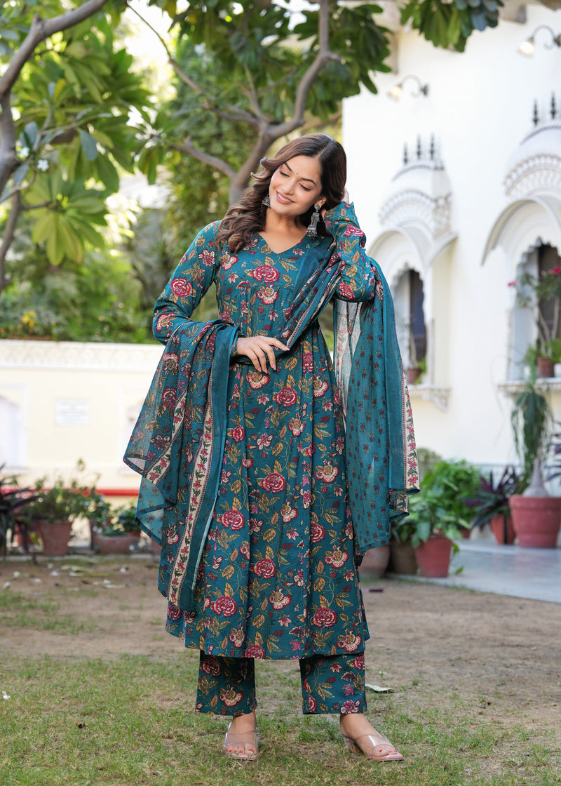 Stylish Blue Cotton Anarkali Kurta Set for Office and Casual Wear