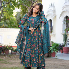 Stylish Blue Cotton Anarkali Kurta Set for Office and Casual Wear