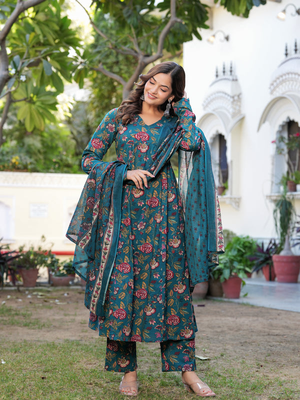 Stylish Blue Cotton Anarkali Kurta Set for Office and Casual Wear