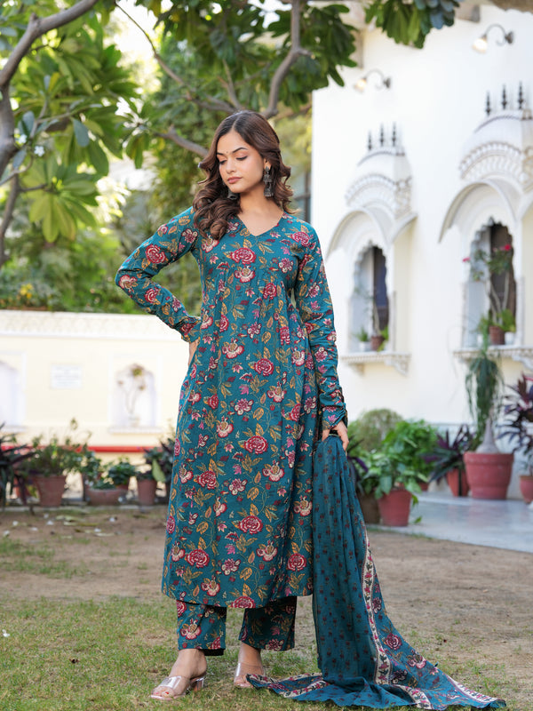 Stylish Blue Cotton Anarkali Kurta Set for Office and Casual Wear