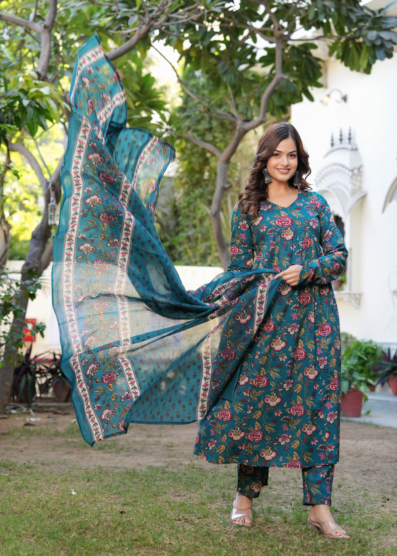 Stylish Blue Cotton Anarkali Kurta Set for Office and Casual Wear