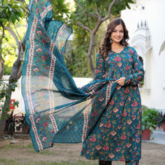 Stylish Blue Cotton Anarkali Kurta Set for Office and Casual Wear